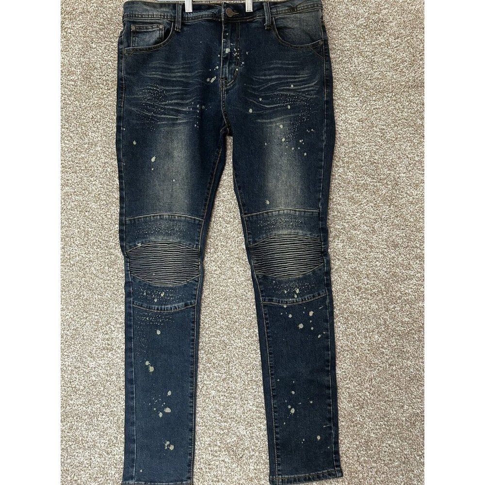 Switch Remarkable Men’s Paint Splatter Biker Denim Slim Taper Fit Jeans 36X34